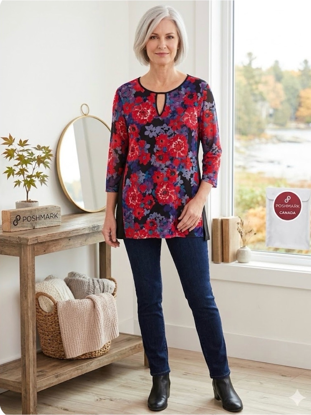 Adrienne Vittadini Red & Purple Floral Keyhole Tunic